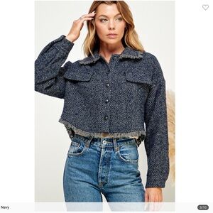 Navy Blue Herringbone Fringe Jacket NWT